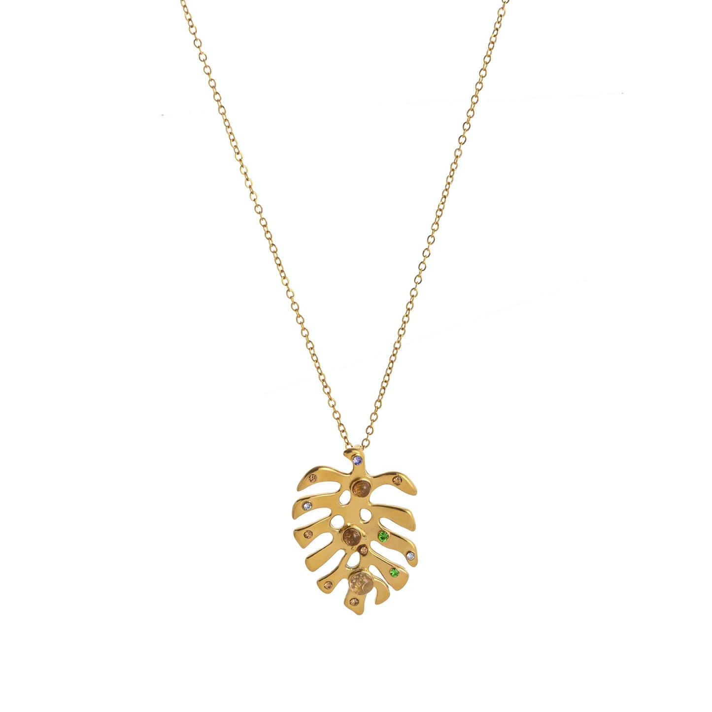 Tropiluxe – Gold Monstera Crystal Necklace