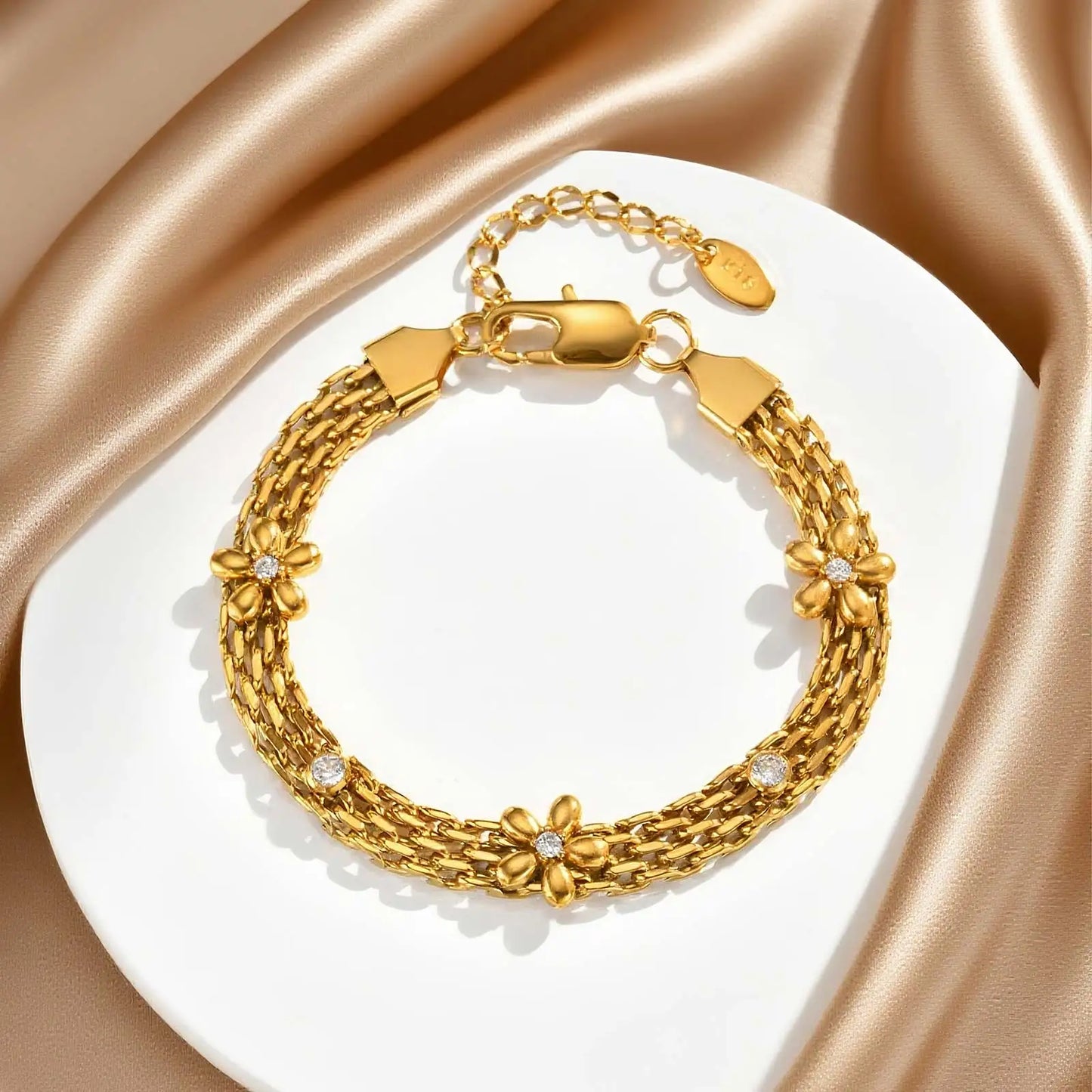 Lunaria Bloom – Gold Mesh Flower Zircon Bracelet