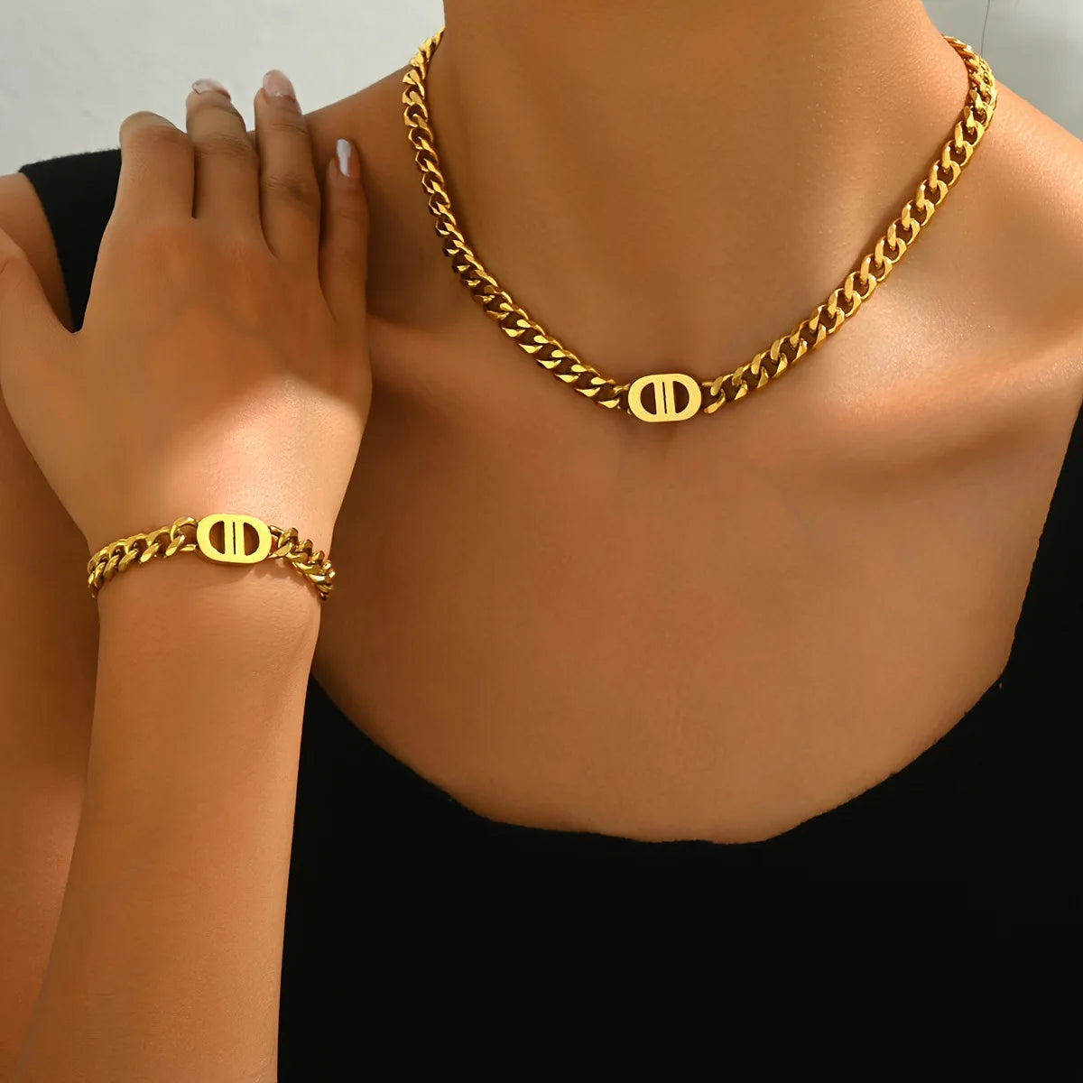 Aurielle Duo – Gold Cuban Chain Necklace & Bracelet Set