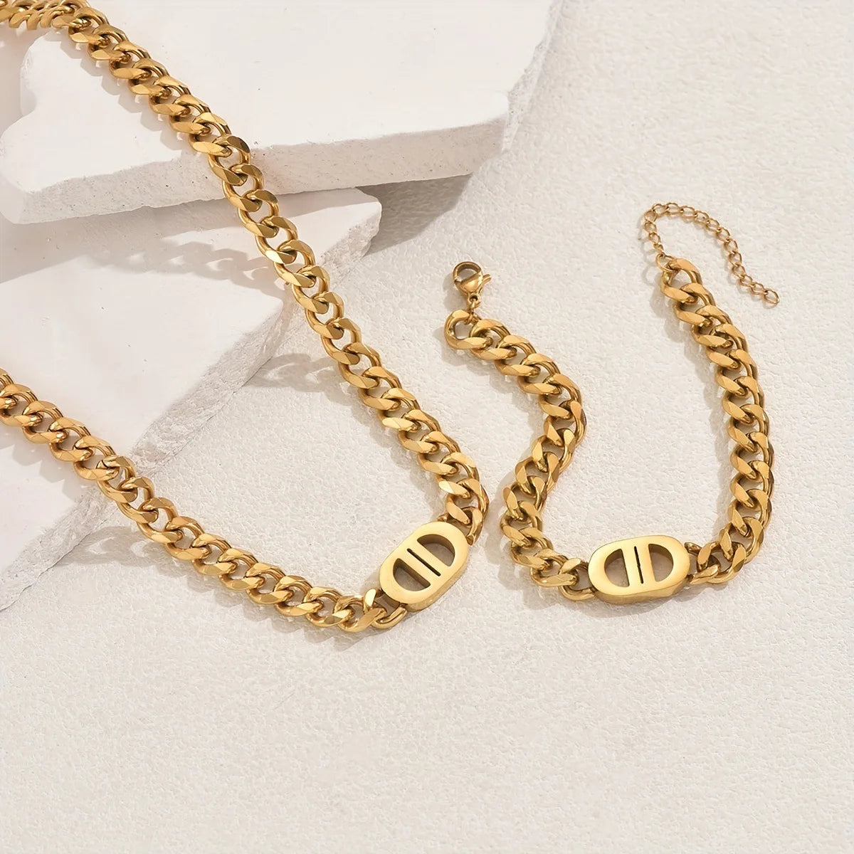 Aurielle Duo – Gold Cuban Chain Necklace & Bracelet Set